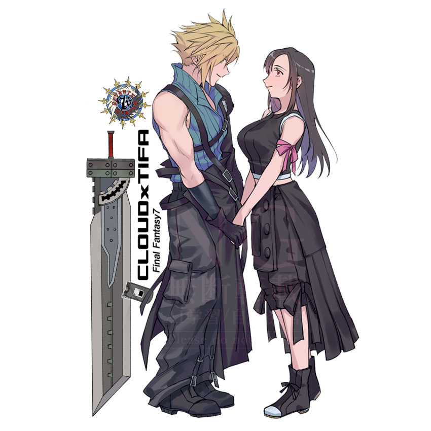 1boy 1girl apron arm_ribbon baggy_pants bare_shoulders belt_buckle black_apron black_boots black_gloves black_hair black_pants black_shorts black_sleeves black_vest blonde_hair blue_eyes blue_shirt boots breasts buckle character_name closed_mouth cloud_strife commentary_request copyright_name couple crop_top detached_sleeves fenrir_(final_fantasy) final_fantasy final_fantasy_vii final_fantasy_vii_advent_children from_side fusion_swords gloves height_difference highres holding_hands large_breasts long_hair looking_at_another midriff_peek mugikoma pants profile red_eyes red_ribbon ribbed_shirt ribbon shirt short_hair shorts simple_background single_bare_shoulder single_detached_sleeve single_shoulder_pad sleeveless sleeveless_shirt smile spiked_hair standing sword tank_top tifa_lockhart vest waist_apron weapon white_background white_tank_top