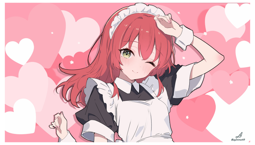 1girl absurdres apron black_dress blush bocchi_the_rock! border closed_mouth commentary dress green_eyes heart heart_background highres kita_ikuyo long_hair looking_at_viewer maid maid_apron maid_headdress minusk9 one_eye_closed red_hair solo upper_body white_apron white_border white_wrist_cuffs wrist_cuffs