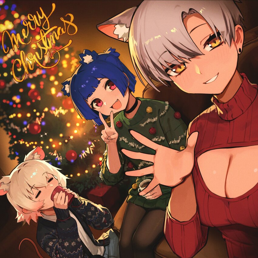 3girls absurdres animal_ear_fluff animal_ears black_pantyhose blue_hair blue_jacket blush breasts cat_ears choker christmas cleavage cleavage_cutout closed_eyes closed_mouth clothing_cutout colored_tips commentary couch cup drinking earrings english_commentary fang flat_chest green_sweater grey_hair gris_(vertigris) hand_up highres holding holding_cup indoors jacket jewelry kara_(vertigris) large_breasts long_sleeves making-of_available merry_christmas mouse_ears mouse_girl mouse_tail multicolored_hair multiple_girls open_clothes open_jacket open_mouth original pantyhose parted_bangs perl_(vertigris) red_eyes red_sweater shirt short_hair sitting smile steam stud_earrings sweater tail turtleneck turtleneck_sweater v vertigris waving white_hair white_shirt yellow_eyes