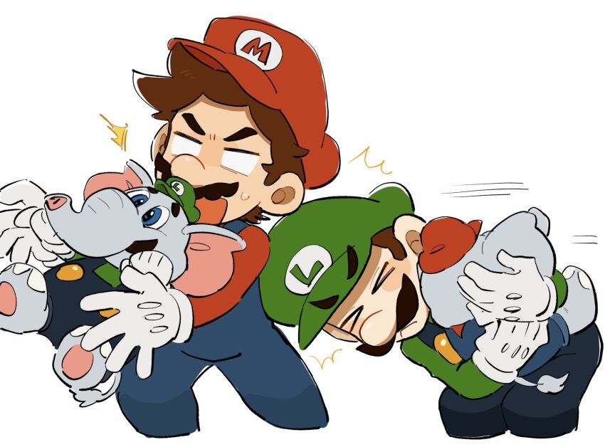 2boys animal_ears barefoot blue_eyes blue_overalls brothers brown_footwear brown_hair cabbie_hat elephant_boy elephant_ears elephant_luigi elephant_mario elephant_tail facial_hair gloves hat height_difference highres incoming_hug initial letter_print luigi male_focus mario mario_(series) mimimi_(mimimim9999) multiple_boys mustache nintendo outstretched_arms overalls shoes siblings size_difference super_mario_bros._wonder white_gloves