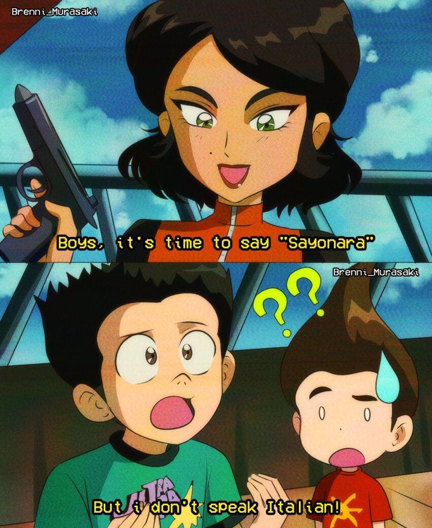 1girl 2boys animification beautiful_gorgeous brenni_murasaki brown_hair clip_studio_paint_(medium) cloud cloudy_sky english_text green_eyes highres holding holding_weapon jimmy_neutron jimmy_neutron_(series) mole mole_under_eye multiple_boys open_mouth sheen_estevez sky weapon