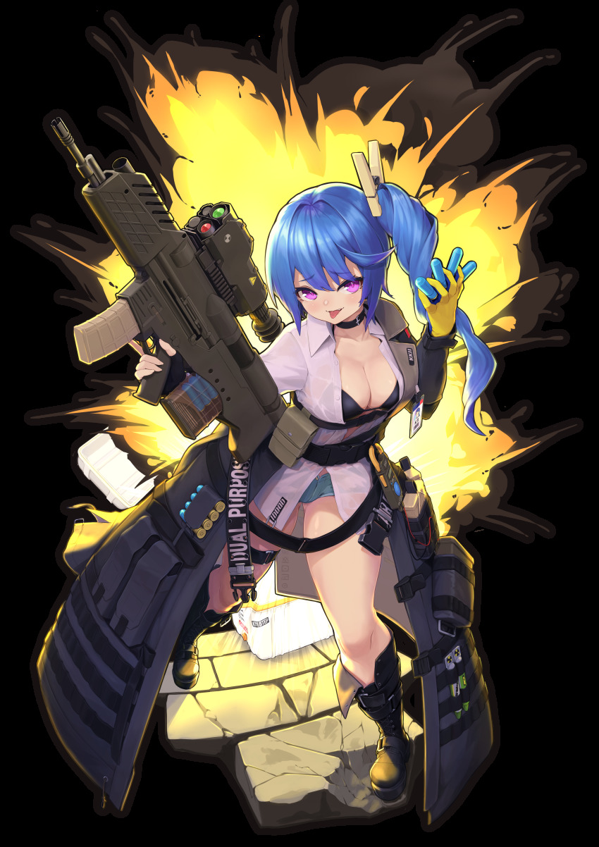 1girl 20x30mm_lv 20x30mm_lv_p_k168 absurdres airburst_grenade_launcher ammunition assault_rifle bandaid belt belt_boots bikini bikini_under_clothes black_bikini black_boots black_choker black_gloves blouse blue_hair blue_shorts bolt-action_grenade_launcher bolt_action boot_straps boots breasts buckle bullpup burst_fire_gun burst_fire_rifle cable cannon_cartridge carbine choker clothes_pin clothes_writing coat commentary computerized_scope cooler daewoo_k11 earrings explosion explosive fingerless_gloves full_body girls&#039;_frontline gloves grenade grenade_cartridge grenade_launcher grey_coat gun hair_between_eyes hazard_symbol head_tilt highres holding holding_gun holding_weapon id_card jewelry k11_(girls&#039;_frontline) knee_boots lace-up_boots leather_choker long_coat long_hair long_shirt long_sleeves mari0ball medium_breasts messy_hair multi-weapon multimeter multiple-barrel_gun multiple_straps name_tag off_shoulder open_clothes open_coat open_fly open_shirt parted_lips pouch practice_round precision-guided_firearm purple_eyes radiation_symbol rifle scope see-through_clothes shells shirt short-barreled_rifle short_shorts shorts side_ponytail sidelocks sight_(weapon) single_earring single_fingerless_glove smart_grenade smart_scope solo standing subsonic_ammunition swimsuit telescopic_sight thermal_weapon_sight thigh_strap thighs tongue tongue_out transparent_background trench_coat underbarrel_assault_rifle underbarrel_rifle weapon white_background white_shirt