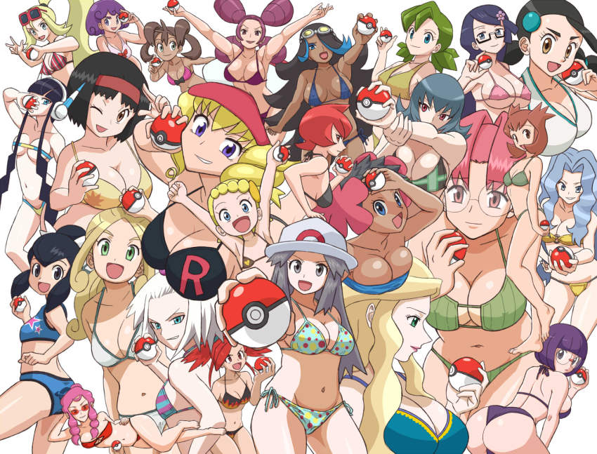 00s 10s 1990s_(style) 6+girls alternate_hairstyle ass bianca_(pokemon_heroes) bikini black_hair blonde_hair blue_eyes bonnie_(pokemon) breasts brown_eyes brown_hair burgundy_(pokemon) candice_(pokemon) cleavage collarbone dark-skinned_female dark_skin diana_(pokemon) dj_mary_(pokemon) domino_(pokemon) elesa_(pokemon) elite_four erika_(pokemon) eyeshadow eyewear_on_head fantina_(pokemon) fennel_(pokemon) flannery_(pokemon) glasses green_(pokemon) green_eyes green_hair grey_eyes grin gym_leader hair_ornament hat headphones highres holding ilene_(pokemon) karen_(pokemon) korrina_(pokemon) large_breasts lipstick liza_(pokemon) long_hair lying makeup malva_(pokemon) mars_(pokemon) micro_bikini midriff multicolored_hair multiple_girls nakaba navel nintendo one_eye_closed open_mouth phoebe_(pokemon) poke_ball pokemon pokemon_(anime) pokemon_(classic_anime) pokemon_bw pokemon_bw2 pokemon_dppt pokemon_frlg pokemon_gsc pokemon_heroes:_latios_&amp;_latias pokemon_hgss pokemon_oras pokemon_rgby pokemon_rse pokemon_xy ponytail purple_eyes purple_hair red_eyes red_hair retro_artstyle roxie_(pokemon) sabrina_(pokemon) shauna_(pokemon) shauntal_(pokemon) shelly_(pokemon) shelly_(pokemon_oras) short_hair side-tie_bikini_bottom simple_background small_breasts smile sunglasses swimsuit team_aqua team_galactic team_rocket very_long_hair viola_(pokemon) white_hair wink