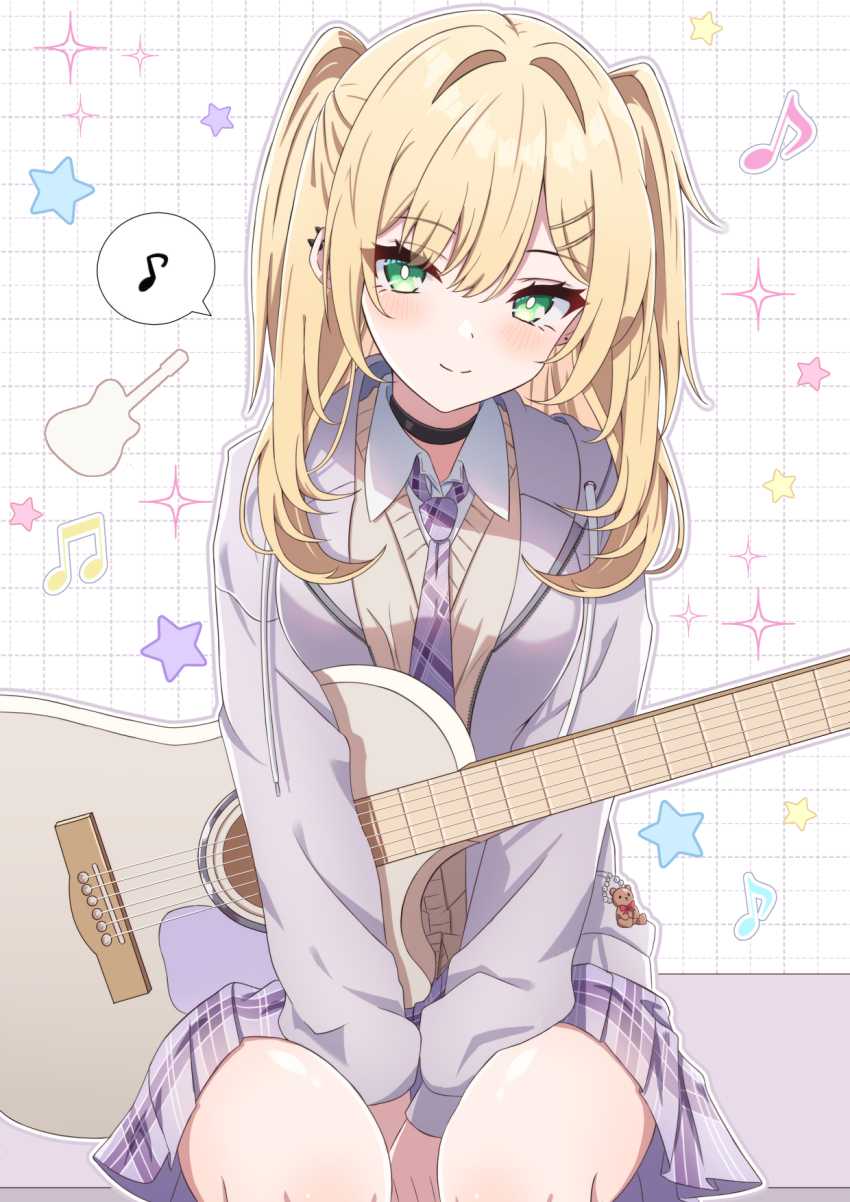 1girl between_legs black_choker blonde_hair brown_sweater choker closed_mouth collared_shirt commentary_request drawstring eighth_note feet_out_of_frame grid_background guitar hand_between_legs highres instrument jacket kurumi_noah long_hair long_sleeves musical_note necktie open_clothes open_jacket plaid_clothes plaid_necktie pleated_skirt puffy_long_sleeves puffy_sleeves purple_jacket purple_necktie purple_skirt shirt sitting skirt smile solo sparkle spoken_musical_note star_(symbol) sweater synn032 twintails virtual_youtuber vspo! white_background white_shirt