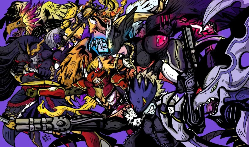 aldamon armor beelzebumon digimon dorugamon fox_mask hououmon long_hair mask mastemon sakuyamon tactimon wings yin_yang