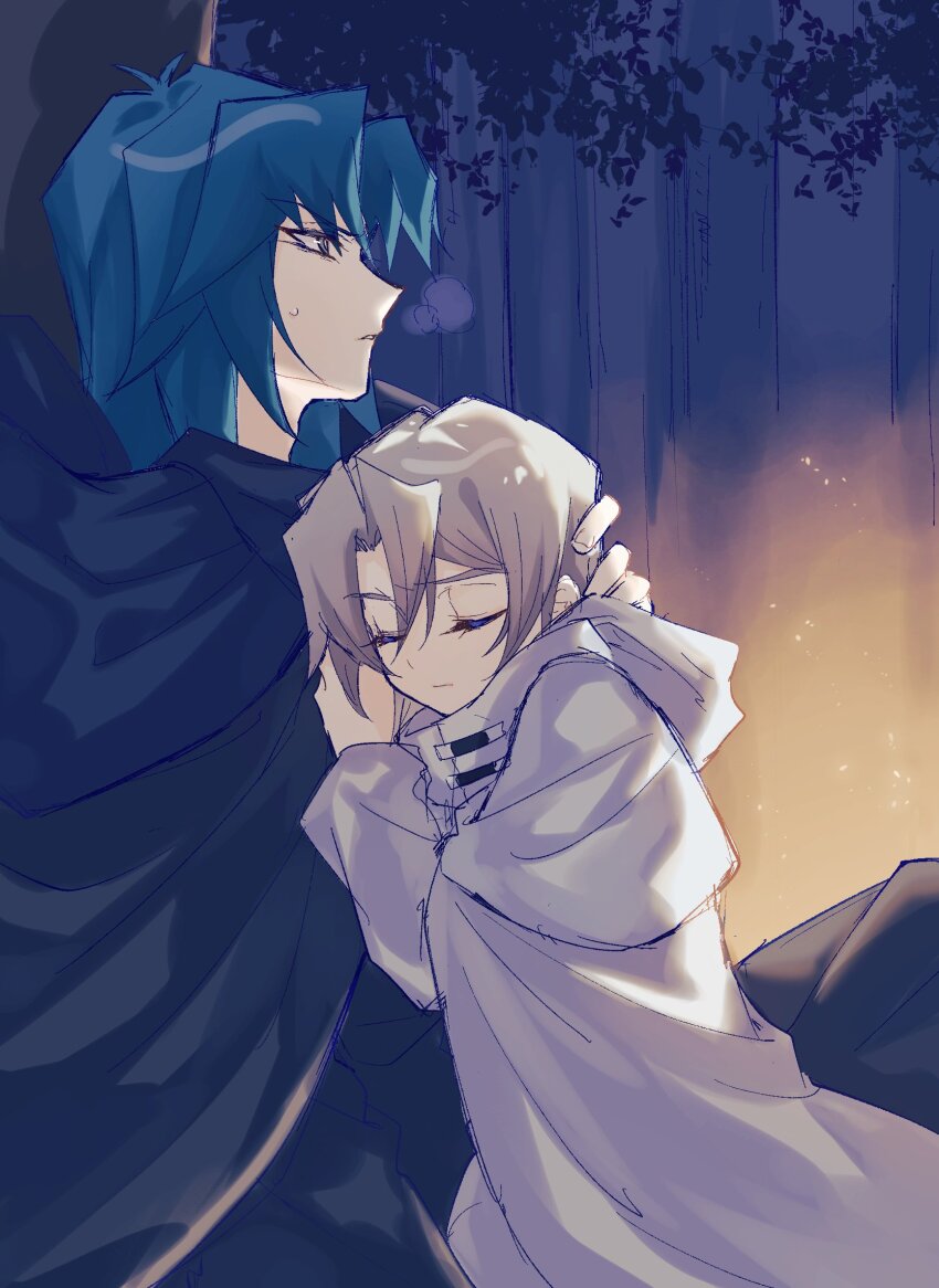 2boys black_cloak blue_hair cloak closed_eyes edo_phoenix grey_cloak grey_hair highres male_focus marufuji_ryo multiple_boys night outdoors pentacle_dark sleeping yu-gi-oh! yu-gi-oh!_gx