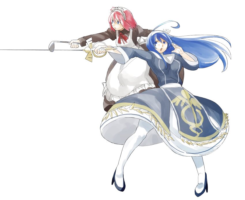 2girls absurdres ahoge apron armor armored_dress beffen_m blue_eyes blue_hair bow breasts dress full_body hairband highres hisui_(tsukihime) holding holding_ladle huge_ahoge ladle long_hair long_sleeves maid maid_apron maid_headdress medium_breasts melty_blood multiple_girls nun open_mouth orie_ballardiae_harada puffy_sleeves rapier red_hair ribbon short_hair simple_background sword thighhighs tsukihime under_night_in-birth very_long_hair weapon white_apron white_hairband white_thighhighs