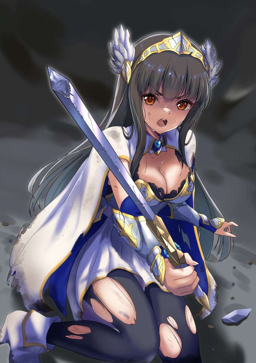 1girl absurdres acelroiutdh armor black_hair breasts commission dirty dirty_clothes highres hime_cut holding holding_sword holding_weapon idolmaster idolmaster_cinderella_girls knight kurokawa_chiaki long_hair pantyhose pixiv_commission ryona sweat sword torn_clothes torn_pantyhose very_long_hair weapon