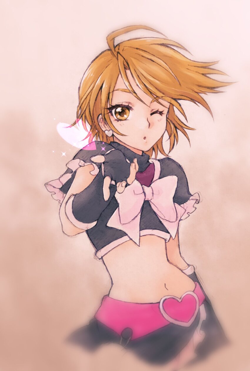 :o aizen_(syoshiyuki) black_arm_warmers black_shirt black_skirt blowing_kiss bow brown_eyes brown_hair cure_black earrings fingerless_gloves frilled_skirt frills futari_wa_precure gloves heart heart_earrings highres jewelry looking_at_viewer midriff navel precure shirt simple_background skirt white_bow wind