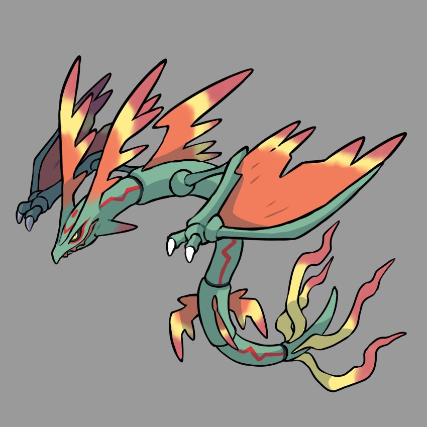 absurdres adoptable animal_focus black_sclera claws closed_mouth colored_sclera commentary dragon eastern_dragon english_commentary fakemon full_body game_freak gen_3_pokemon grey_background highres legendary_pokemon nintendo no_humans original pokemon pokemon_(creature) pokemon_focus rayquaza rgreywind simple_background solo yellow_eyes