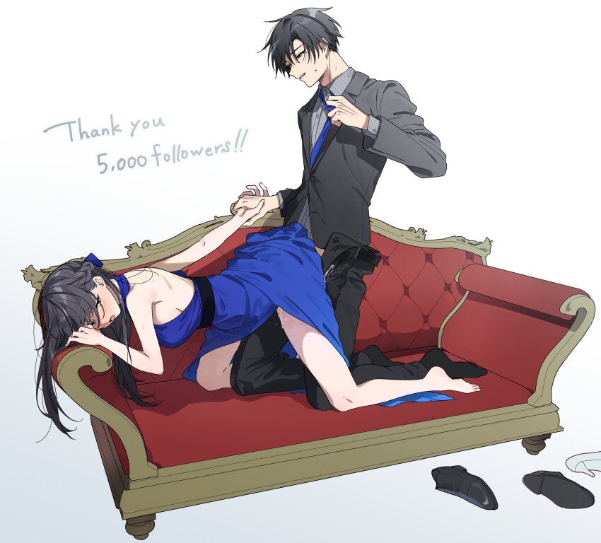1boy 1girl barefoot black_hair black_suit blue_dress blush commentary_request couch couple doggystyle dress formal_clothes full_body hetero highres holding_hands kyapefuro long_hair milestone_celebration open_mouth original purple_eyes sex sex_from_behind suit sweat
