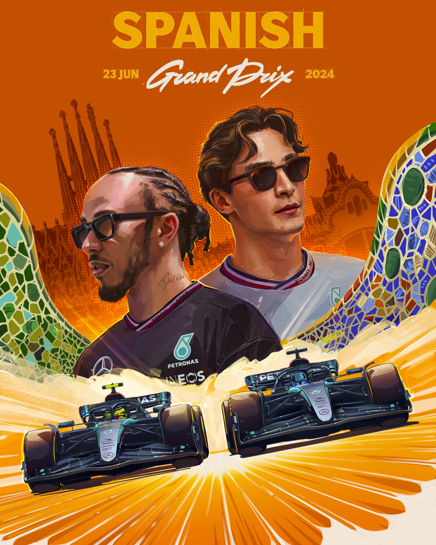 2boys absurdres andrew_mytro barcelona beard black_hair black_shirt blue_helmet brown_hair car commentary cornrows dark-skinned_female dark_skin earrings english_commentary expressionless facial_hair formula_one formula_racer george_russell grey_car helmet highres jewelry lewis_hamilton looking_up male_focus mercedes-amg_f1_w14 mercedes-benz motor_vehicle multiple_boys mustache neck_tattoo official_art parted_hair parted_lips petronas promotional_art race_vehicle racecar real_life red_lips sagrada_familia shirt sponsor sunglasses tattoo vehicle_focus white_shirt yellow_helmet
