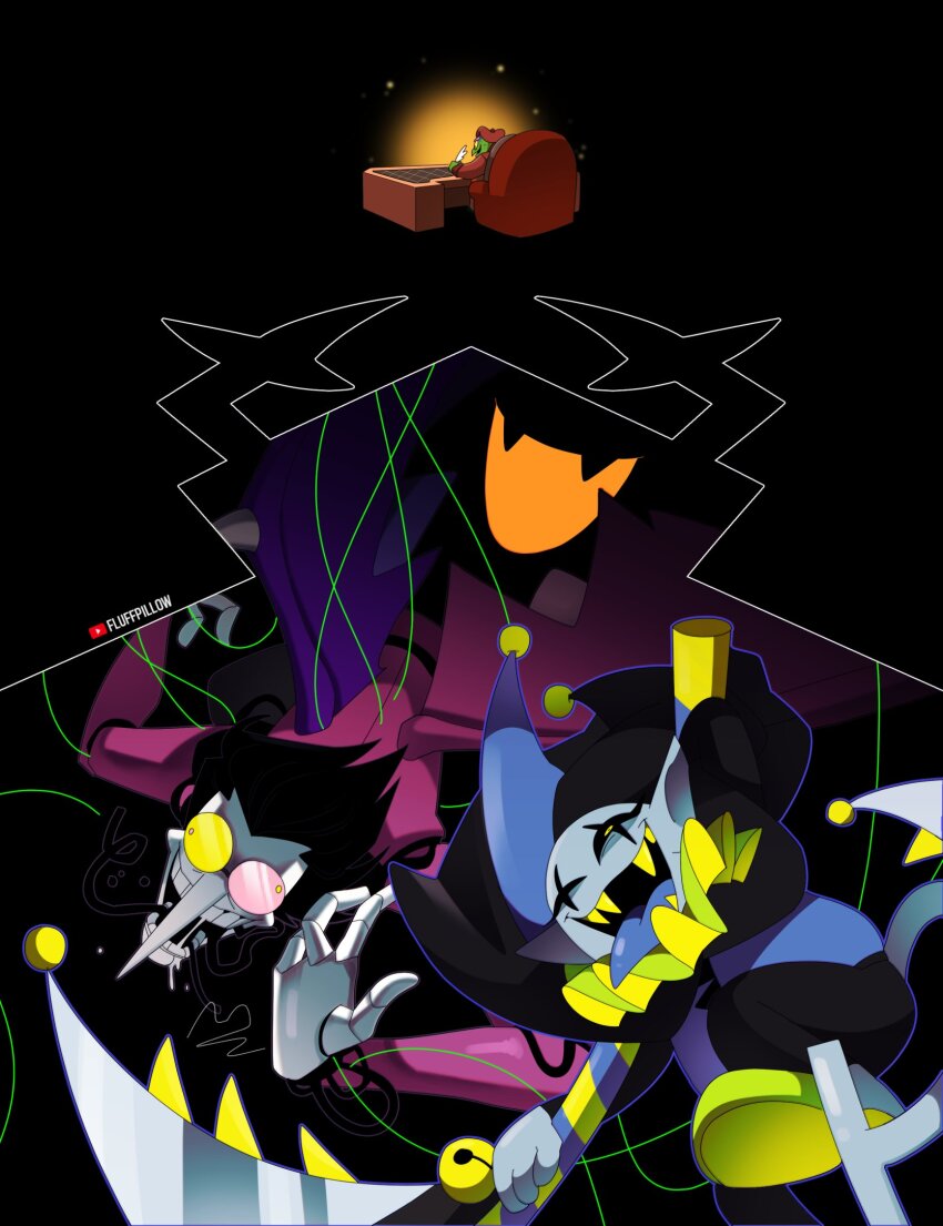 1other 3boys black_hair black_pants black_sclera blue_tongue colored_sclera colored_teeth colored_tongue commentary deltarune doll_joints english_commentary fangs gerson green_shoes hat heterochromatic_eyewear highres holding holding_quill holding_scythe jester_cap jevil joints lisa77494 multiple_boys pants pointy_nose puppet_strings quill roaring_knight saliva scythe sharp_teeth shoes short_hair sitting spamton_g._spamton spamton_neo string teeth tinted_eyewear tongue tongue_out turtle_boy utdr_(toby_fox) wings yellow_eyes yellow_teeth youtube_username