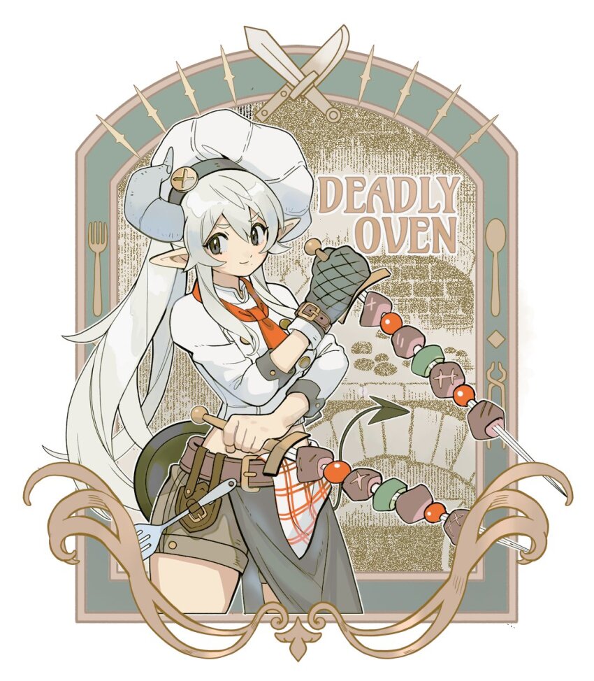 1girl alpaca_carlesi belt black_sailor_collar chef_hat commentary curled_horns demon_girl demon_horns dual_wielding english_text food fork hat high_ponytail highres holding holding_sword holding_weapon horns knife looking_at_viewer mittens neckerchief original oven_mitts pointy_ears ponytail red_neckerchief sailor_collar shirt short_shorts shorts single_mitten solo spatula spoon sword weapon white_hair white_hat white_shirt