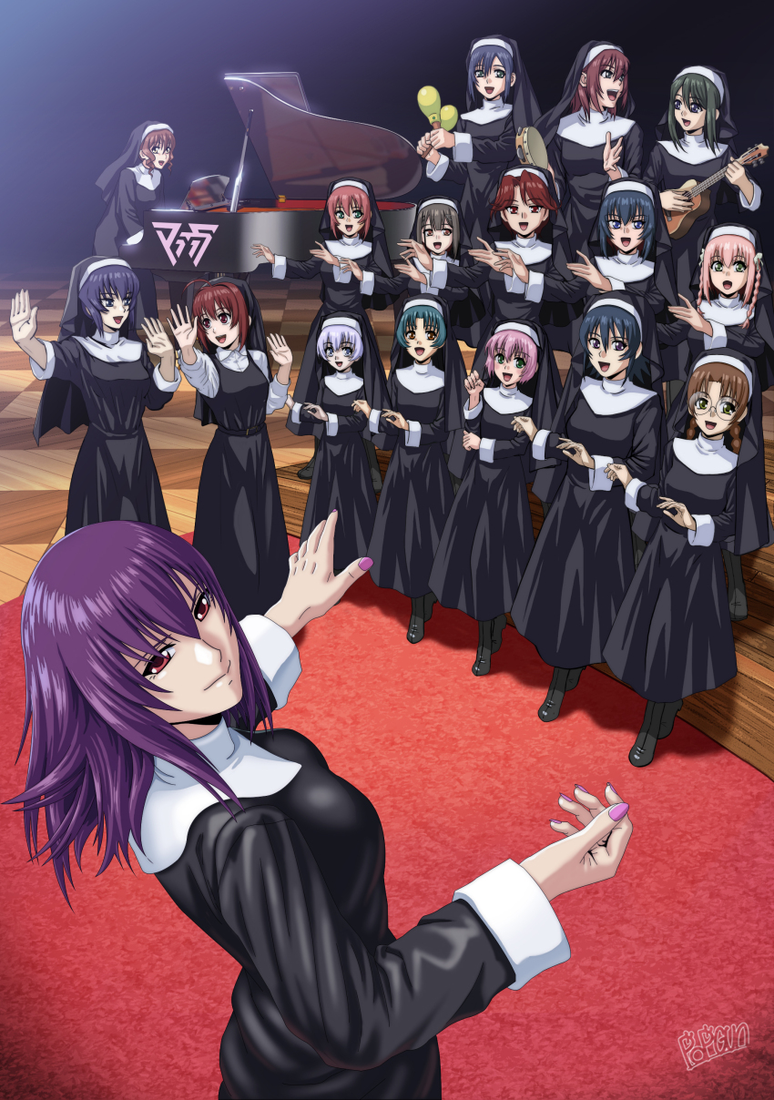 6+girls :d absurdres alternate_costume ayamine_kei black_dress black_hair blue_eyes blue_hair braid breasts brown_eyes dress everyone glasses green_eyes green_hair guitar habit hayase_mitsuki highres holding holding_instrument instrument isumi_michiru jinguuji_marimo kagami_sumika kashiwagi_haruko kazama_touko kouzuki_yuuko looking_at_viewer looking_back maracas medium_breasts mitsurugi_meiya multiple_girls munakata_misae music muv-luv muv-luv_alternative muv-luv_alternative_(anime) nun open_hands open_mouth parody piano pink_hair pink_nails playing_instrument popgun_(22882502) purple_eyes red_eyes red_hair round_eyewear sakaki_chizuru side_braids sister_act smile suzumiya_akane suzumiya_haruka tamase_miki traditional_nun twin_braids usuki_sakura yashiro_kasumi yoroi_mikoto