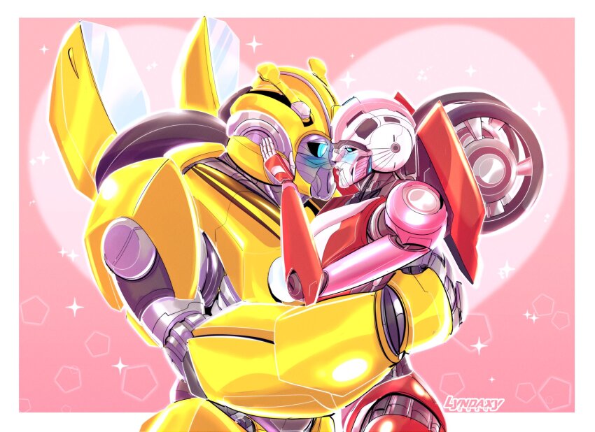 1boy 1girl arcee autobot blue_eyes blush bumblebee_(transformers) helmet highres humanoid_robot lyndaxyart metal_skin robot robot_girl science_fiction transformers transformers:_rise_of_the_beasts transformers_(live_action) wheel