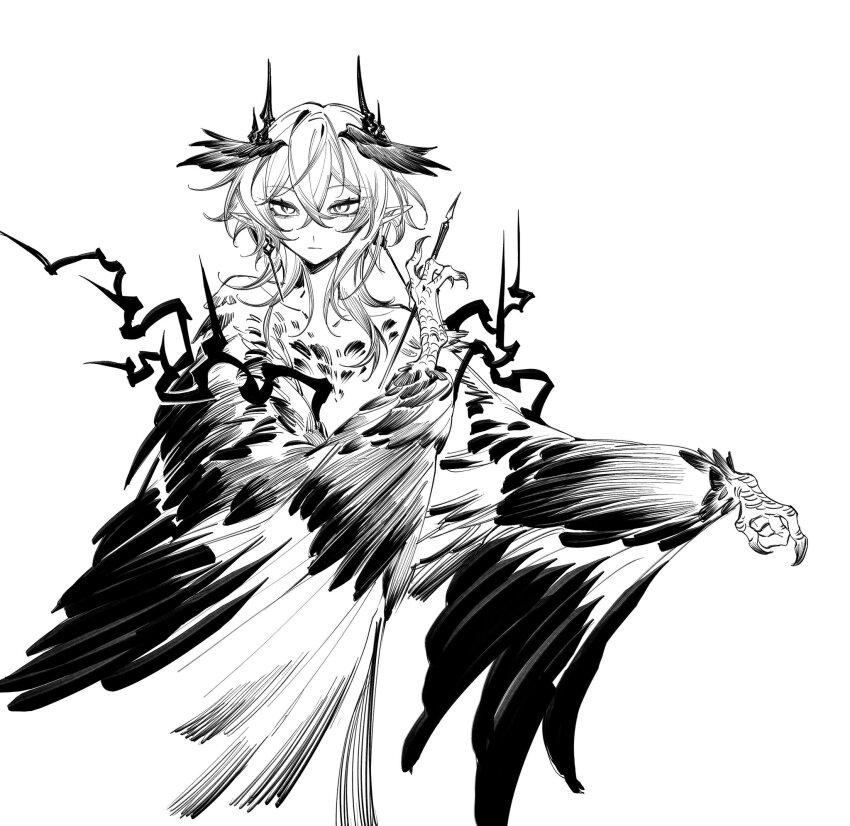 1boy acell1224 androgynous arknights bare_shoulders bird_wings chinese_commentary closed_mouth collarbone cropped_torso demon_horns earrings facing_viewer feathered_wings greyscale hair_between_eyes hand_up harpy_boy head_wings highres holding holding_pen horns jewelry logos_(arknights) male_focus medium_hair mole mole_under_eye monochrome monster_boy monsterification nib_pen_(object) pen pointy_ears sideways_glance simple_background solo talons thorns white_background winged_arms wings