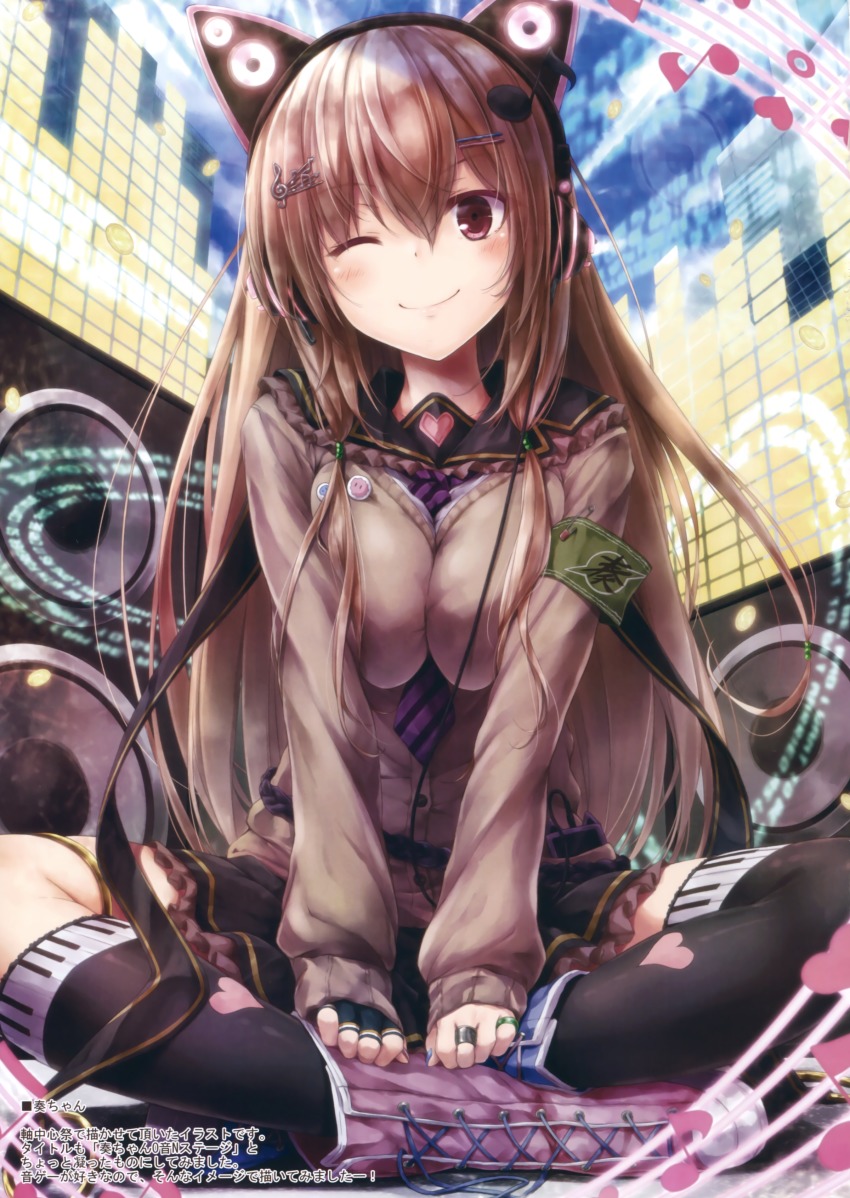 &gt;;) 1girl absurdres animal_ear_headphones animal_ears asymmetrical_footwear axent_wear between_breasts black_skirt black_thighhighs blue_boots boots breasts breasts_squeezed_together brown_eyes brown_hair cardigan cat_ear_headphones eyebrows fake_animal_ears female_focus fortissimo hair_between_eyes hair_ornament hairclip headphones heart heart_print highres indian_style jewelry lace-up_boots large_breasts long_hair long_sleeves looking_at_viewer mismatched_footwear musical_note musical_note_hair_ornament musical_note_print necktie necktie_between_breasts original pink_boots quaver ring safety_pin scan school_uniform serafuku shirt sitting skirt sleeves_past_wrists solo speaker striped_necktie striped_neckwear suien thighhighs treble_clef v-shaped_eyebrows very_long_hair white_shirt