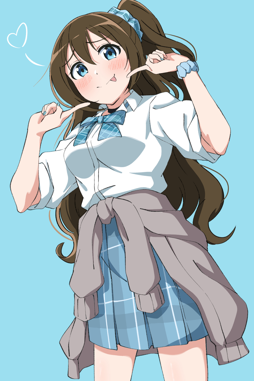 1girl absurdres blue_background blue_bow blue_bowtie blue_eyes blue_scrunchie blue_skirt blush bow bowtie breasts brown_hair cardigan cardigan_around_waist clothes_around_waist commentary cowboy_shot fingers_to_cheek fingers_to_cheeks gyaru gyarugasaki hair_ornament hair_scrunchie hands_up heart highres kogal long_hair looking_at_viewer love_live! love_live!_nijigasaki_high_school_idol_club medium_breasts miniskirt official_alternate_costume one_side_up osaka_shizuku plaid_bow plaid_bowtie plaid_clothes plaid_scrunchie plaid_skirt school_uniform scrunchie simple_background skirt solo uchuu_no_mozuku wrist_scrunchie