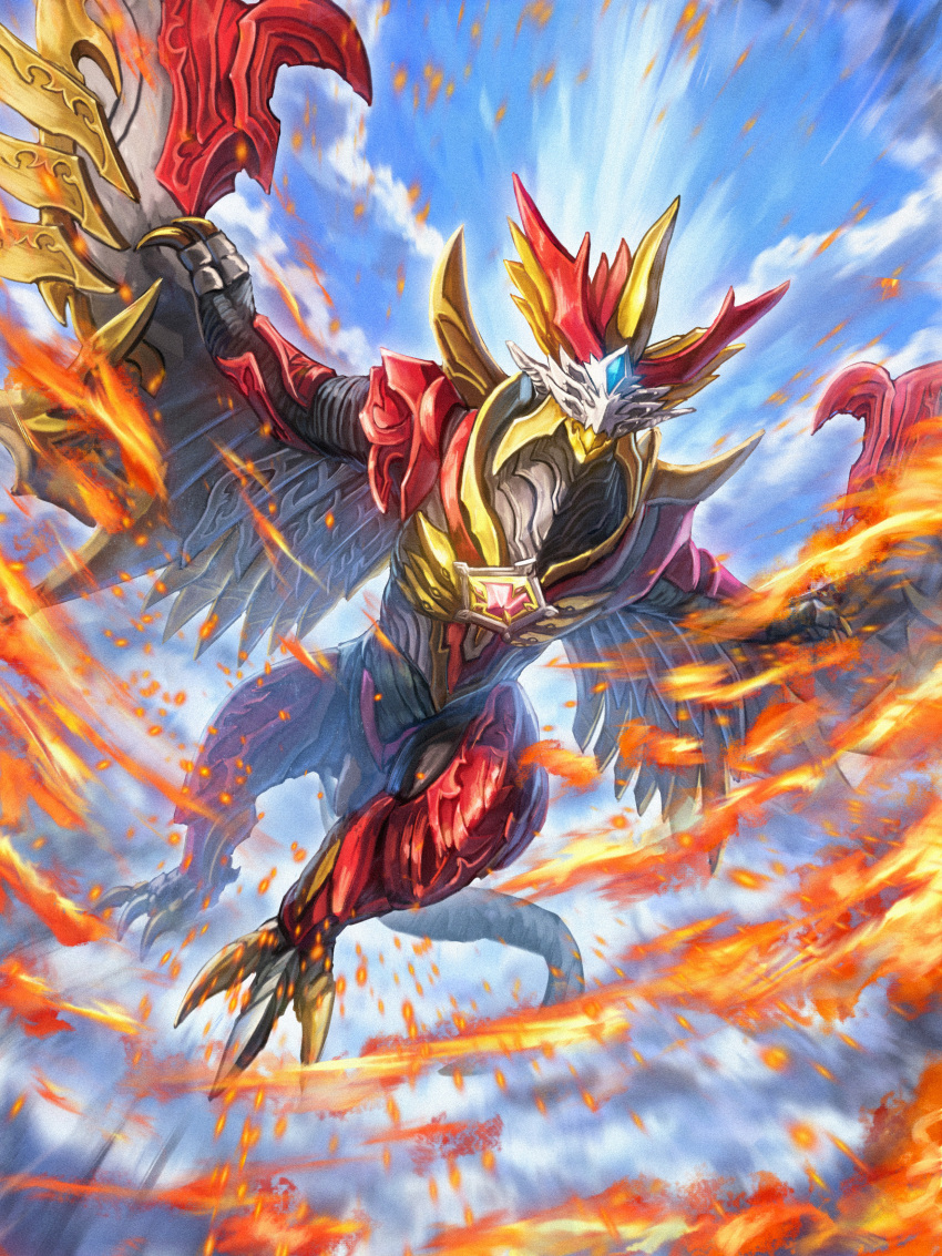 absurdres beak bird blue_gemstone blue_sky chest_jewel colored_skin fire gem highres kaiju meteokaiju multicolored_skin red_gemstone red_skin red_wings robuja sky tokusatsu tsuburaya_productions two-tone_skin ultra_series ultraman_omega_(series) valgeness wings