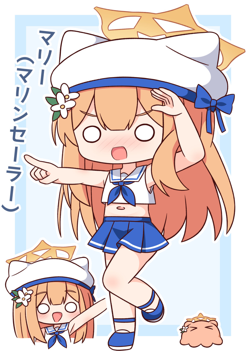 1girl :d animal_ears animal_hat arm_up bare_arms bare_shoulders beret blue_archive blue_background blue_border blue_footwear blue_neckerchief blue_skirt blush border chibi crop_top fake_animal_ears flower hair_flower hair_ornament halo hana_kazari hat highres long_hair mari_(blue_archive) midriff multiple_views navel neckerchief nose_blush o_o open_mouth orange_hair outline pleated_skirt sailor_collar shirt shoes skirt sleeveless sleeveless_shirt smile standing standing_on_one_leg translated very_long_hair white_flower white_hat white_outline white_sailor_collar white_shirt