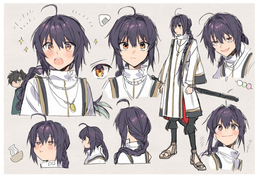 ahoge androgynous black_hair blue_kimono blush bowl bracelet braid braided_ponytail dango excited fate/samurai_remnant fate_(series) food hair_intakes hair_over_one_eye highres japanese_clothes jewelry kimono miyamoto_iori_(fate) necklace noodles onigiri orange_eyes pout reference_sheet sandals sanshoku_dango sidelocks simple_background smile smug sparkle sparkling_eyes sweat sword sword_on_back topknot wagashi wani_(mezo) weapon weapon_on_back yamato_takeru_(fate)