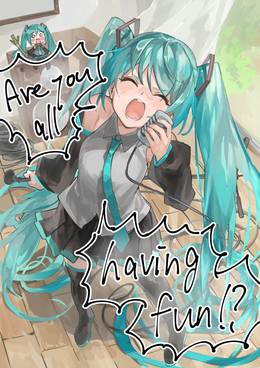2girls :o absurdly_long_hair aqua_eyes aqua_hair autumn_leaves bare_shoulders black_footwear black_skirt black_sleeves blue_necktie blush boots breasts cable closed_eyes collared_shirt commentary_request curtains detached_sleeves english_text facing_up floor food from_above full_body grey_shirt hachune_miku hair_between_eyes hair_spread_out hatsune_miku highres himukai_aoi holding holding_food holding_microphone holding_microphone_stand holding_spring_onion holding_vegetable ievan_polkka_(vocaloid) leaf long_hair looking_up microphone microphone_stand miniskirt multiple_girls necktie open_mouth parquet_floor picture_frame pleated_skirt shirt skirt sleeveless sleeveless_shirt small_breasts speaker speech_bubble spring_onion standing teeth thigh_boots thighhighs twintails v-shaped_eyebrows vegetable very_long_hair vocaloid white_curtains wind window zettai_ryouiki