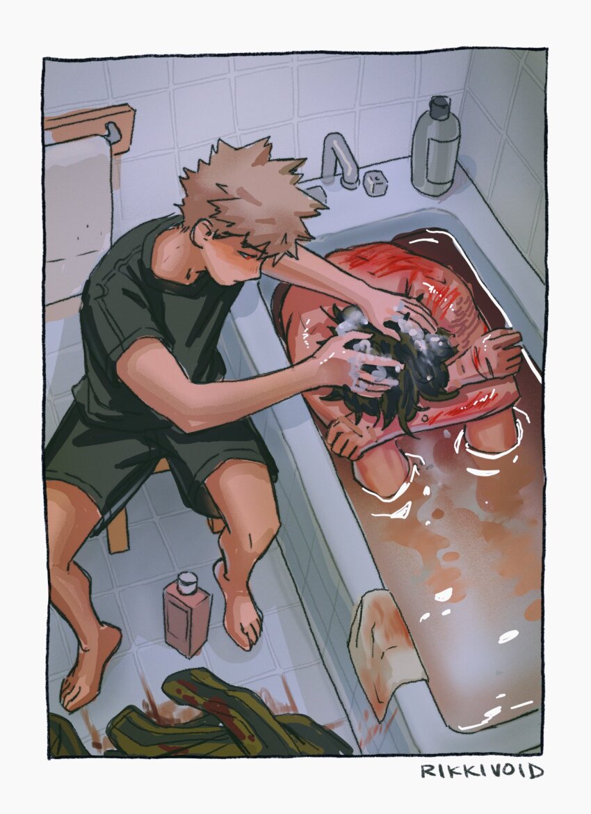 1boy 2boys artist_name bakugou_katsuki barefoot bath bathing bathroom bathtub black_hair black_shirt black_shorts blonde_hair blood boku_no_hero_academia bones_(company) border bubble cleaning closed_eyes clothed_male_nude_male comforting feet from_above green_hair green_shirt hand_in_another&#039;s_hair highres indoors male_focus midoriya_izuku multiple_boys nude red_eyes rikkivoid_(artist) sad shampoo shared_bathing shirt short_hair shorts shounen_jump sitting tile_floor tile_wall tiles towel water wet white_border