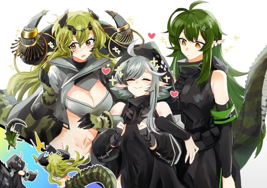 3girls ahoge antenna_hair arknights arm_at_side armband arms_up bare_shoulders black_gloves black_sleeves breasts cleavage closed_eyes crocodilian_tail cropped_shirt detached_sleeves estelle_(arknights) gavial_(arknights) gloves goggles goggles_around_neck green_armband green_hair grey_shirt hair_between_eyes hands_up heart hood hood_up horn_ornament horns iwashi_80 large_breasts locked_arms long_hair looking_at_another looking_to_the_side material_growth midair midriff multiple_girls navel open_mouth oripathy_lesion_(arknights) partially_fingerless_gloves pointy_ears scar scar_on_face shirt short_hair_with_long_locks sideways_glance simple_background sleeveless sleeveless_shirt small_breasts smile sparkle tail tomimi_(arknights) white_background yellow_eyes