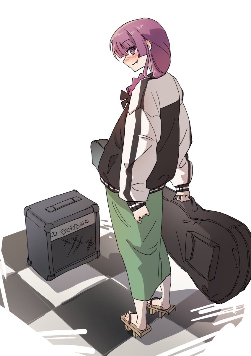 1girl @_@ amplifier black_jacket blush bocchi_the_rock! dress fang from_behind full_body geta green_dress guitar_case hashtag-only_commentary highres hiroi_kikuri holding_case instrument_case jacket looking_at_viewer multicolored_jacket platform_sandals purple_eyes purple_hair schu_1112 smile solo standing turning_head two-tone_jacket white_background white_jacket