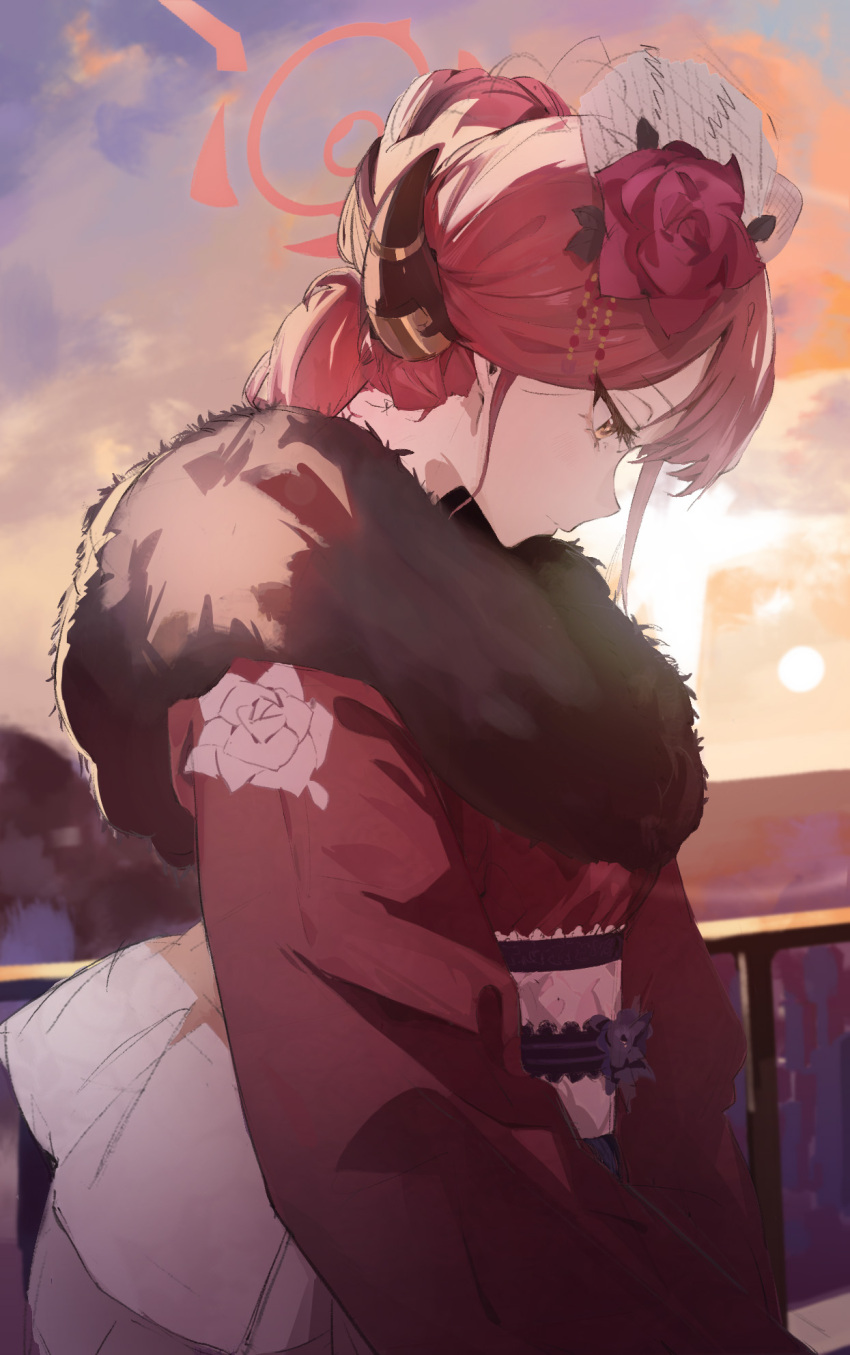 1girl aru_(blue_archive) aru_(new_year)_(blue_archive) blue_archive brown_horns demon_horns floral_print flower fur-trimmed_kimono fur_scarf fur_trim hair_flower hair_ornament halo highres horns japanese_clothes kimono kqbkbxk76 official_alternate_costume omikuji pink_hair print_kimono red_kimono solo yellow_eyes
