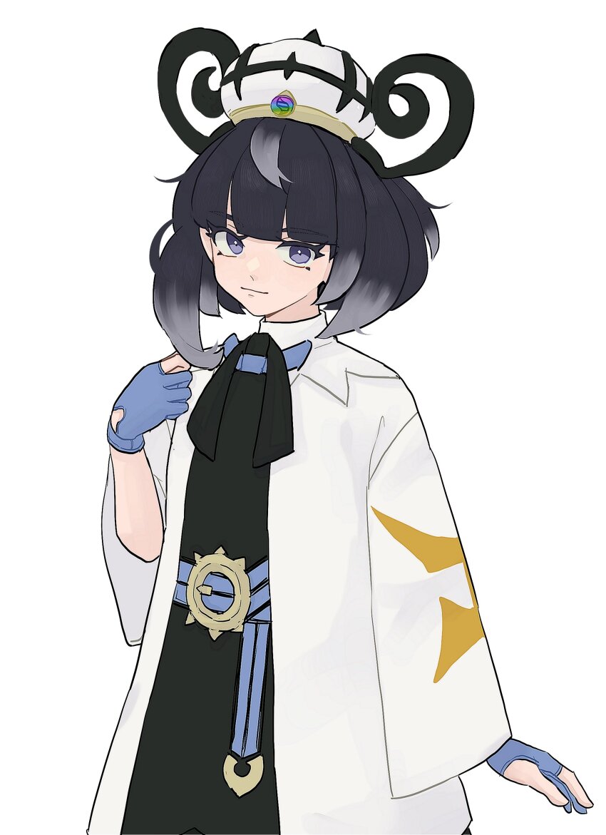 1girl absurdres belt belt_buckle black_dress black_hair bob_cut buckle closed_mouth coat dress gloves gwynn_(pokemon) hahm0106 hat highres long_sleeves looking_at_viewer mega_stone nintendo o-ring o-ring_belt open_clothes open_coat partially_fingerless_gloves pokemon pokemon_legends:_z-a purple_eyes short_hair smile solo white_background white_coat white_hat wide_sleeves