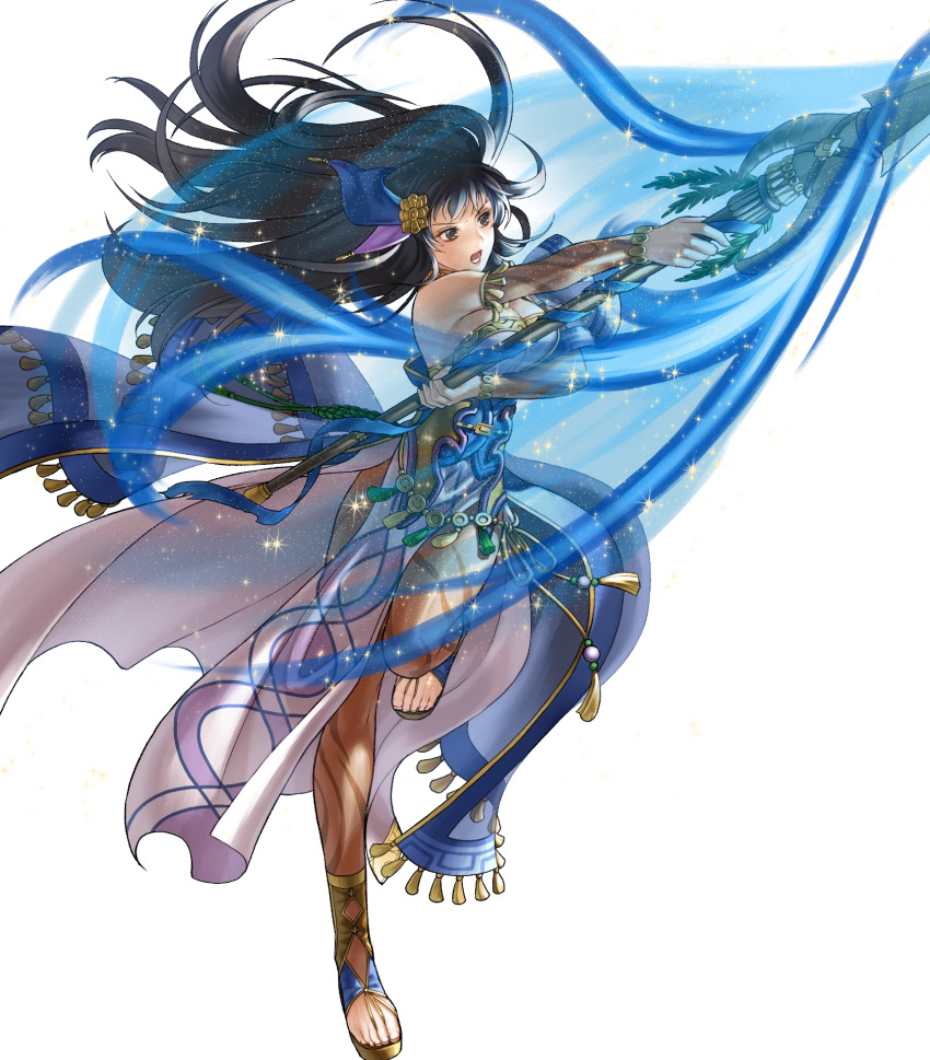 1girl bare_shoulders black_eyes black_hair breasts dress fire_emblem fire_emblem:_the_blazing_blade fire_emblem_heroes full_body gold_trim hair_ornament highres holding holding_weapon karla_(fire_emblem) karla_(hatari)_(fire_emblem) kita_senri loincloth long_hair medium_breasts nintendo non-web_source official_art pantyhose pelvic_curtain polearm short_sleeves spear strapless strapless_dress toeless_footwear toes transparent_background weapon wide_sleeves