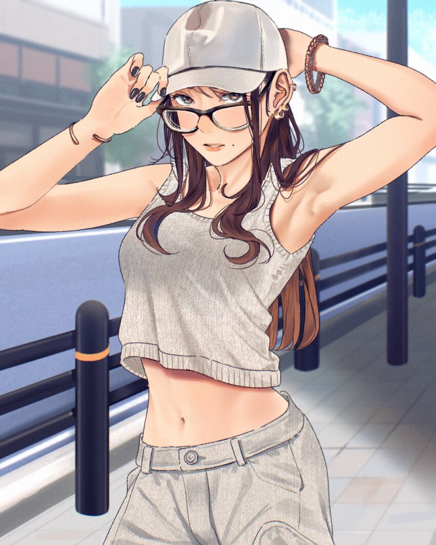 1girl adjusting_clothes adjusting_headwear armpits arms_up baseball_cap black-framed_eyewear blurry blurry_background bracelet breasts brown_eyes building crop_top ear_piercing glasses guard_rail hat highres jewelry lamppost long_sleeves looking_at_viewer midriff mole nail_polish navel original outdoors pants piercing ribbed_tank_top road saitou_(lynx-shrike) small_breasts street tank_top tree white_pants white_tank_top