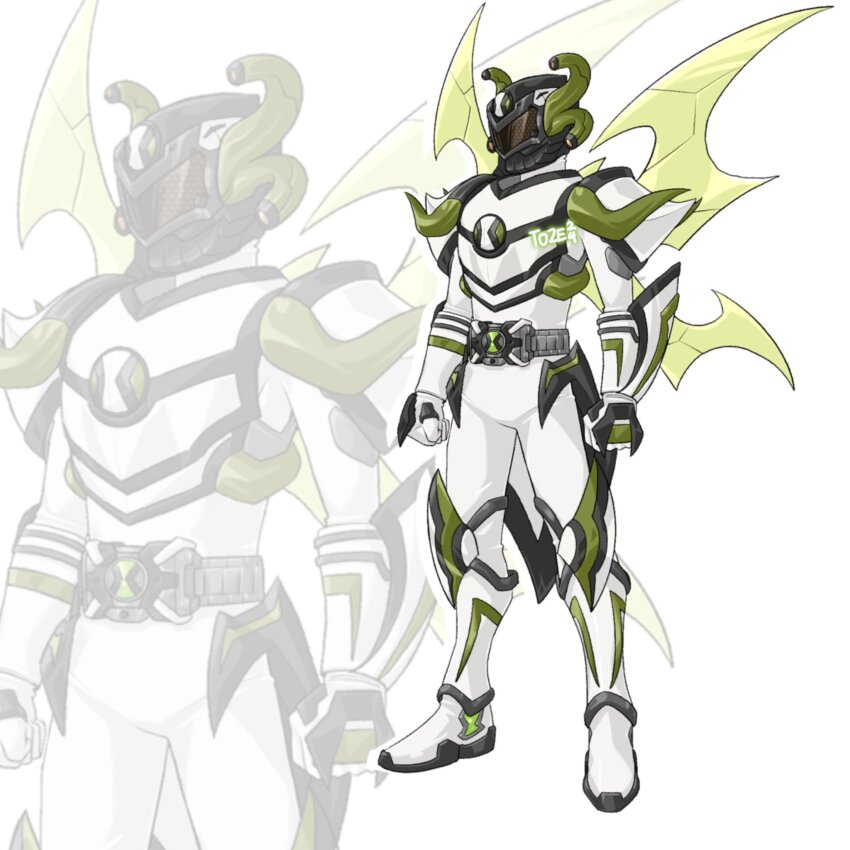 1boy alien alternate_design armor belt ben_10 ben_10:_alien_force ben_10:_omniverse ben_10:_ultimate_alien ben_tennyson bodysuit breastplate bug compound_eyes extra_eyes green_pupils helmet highres humanization insect_wings kamen_rider oversized_wings low_wings omnitrix rider_belt shoulder_armor solo spikes stinkfly to_ze tokusatsu white_bodysuit wings