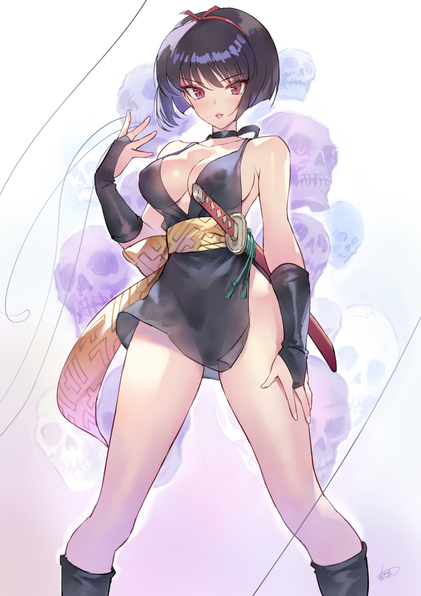 1girl artist_name bare_shoulders black_hair breasts bridal_gauntlets choker cleavage collarbone commentary_request commission dress gradient_background hand_up highres inuyasha japanese_clothes lips looking_at_viewer matsuda_(matsukichi) medium_breasts parted_lips pixiv_commission purple_eyes sakasagami_no_yura sheath sheathed shiny_skin short_dress short_hair signature skull sleeveless solo string sword thighs weapon