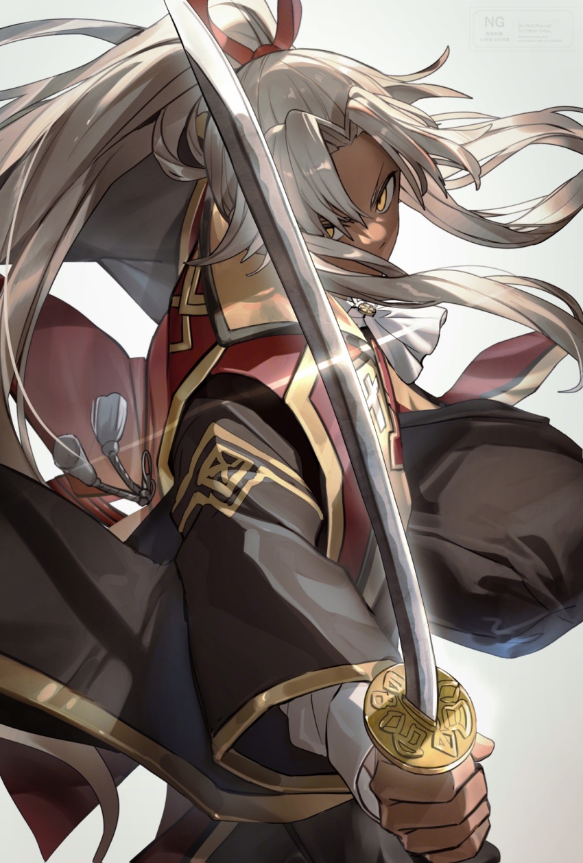 1boy amakusa_shirou_(fate) amakusa_shirou_(third_ascension)_(fate) ascot black_hakama black_kimono cross cross_print dark-skinned_male dark_skin fate/grand_order fate_(series) gold_trim hakama high_ponytail highres holding holding_sword holding_weapon japanese_clothes jinbaori katana kimono long_hair long_sidelocks long_sleeves looking_at_viewer miike_tenta_mitsuyo_(fate) parted_bangs ponytail sidelocks simple_background solo sword tsugutoku weapon white_ascot white_hair yellow_eyes