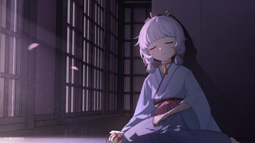 1girl absurdres against_wall aged_down ayaka_(genshin_impact) blue_hair blue_hakama blue_kimono blunt_bangs blunt_tresses closed_eyes commentary_request darkcatowo facing_viewer foot_out_of_frame genshin_impact hair_ribbon hakama highres holding indoors japanese_clothes kimono light_blue_hair light_particles long_sleeves medium_hair neck_tassel night on_ground parted_lips petals ribbon solo tress_ribbon wide_sleeves