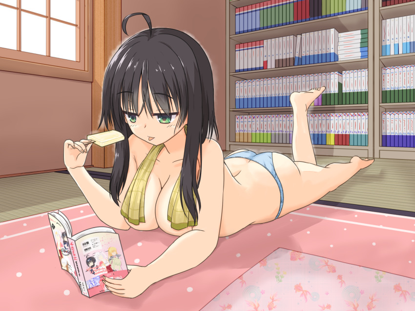 1girl ahoge arm_support ass back bare_arms bare_legs barefoot black_hair blue_panties book bookshelf breasts butt_crack cleavage collarbone commentary_request convenient_censoring copyright_name day eyelashes feet fingernails food foreshortening full_body green_eyes hair_between_eyes hand_up hitachi_mako holding holding_book holding_food holding_popsicle indoors jitome large_breasts leg_up light_blush looking_down lying on_stomach open_book panties popsicle reading relaxing senren_banka shirayamakoma short_hair_with_long_locks sidelocks solo tatami the_pose toes tongue tongue_out topless_female towel towel_around_neck underwear window