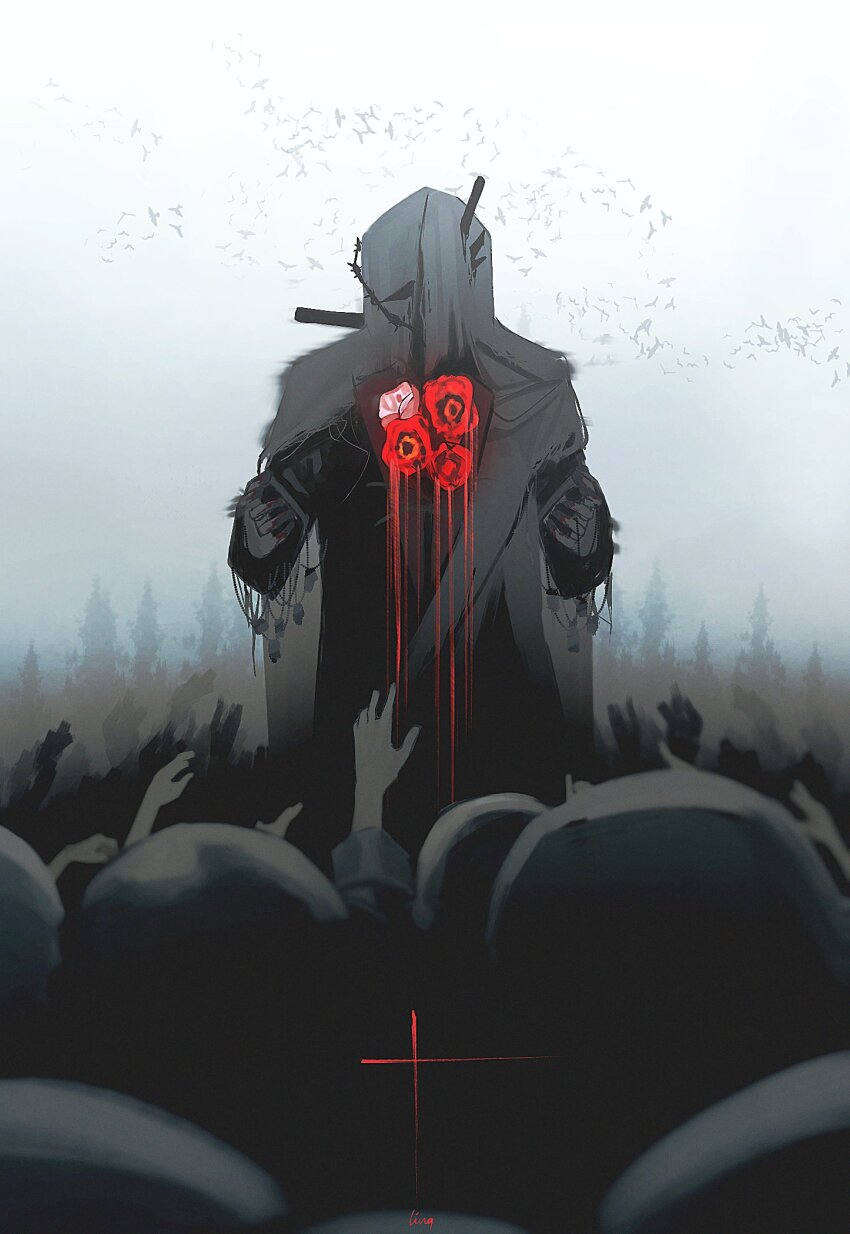1boy black_coat charon_(reverse:1999) coat covered_face dog_tags facing_viewer flock flower gloves grey_background hand_up highres holding_dog_tags ling_(chaaaaanhikari) people red_flower reverse:1999 simple_bird tree veil white_gloves white_veil