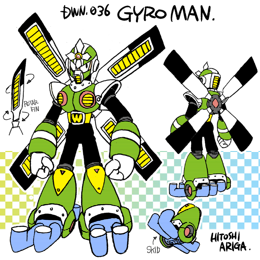 1boy android ariga_hitoshi armor arrow_(symbol) artist_name belt black_bodysuit black_eyes bodysuit boots character_name reference_sheet checkered_background chest_armor clenched_hands commentary_request concept_art english_text forehead_jewel from_behind full_body gem gradient_background green_armor green_background green_footwear green_helmet gyro_man helmet highres knee_boots blue_background looking_ahead looking_to_the_side male_focus mega_man_(classic) mega_man_(series) mega_man_5 mega_man_megamix multiple_views no_humans no_mouth propeller red_gemstone robot robot_ears scanlines shoe_soles shoulder_armor simple_background standing turnaround white_background yellow_belt
