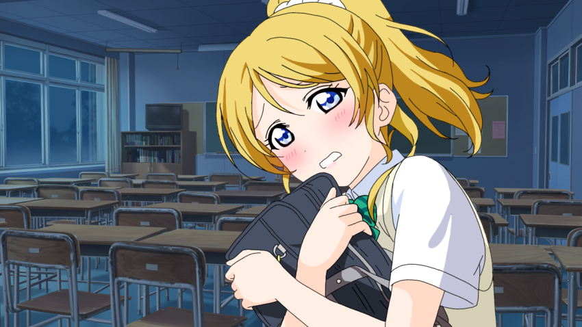 1girl artist_request ayase_eli bag blonde_hair blue_eyes blush book bookshelf bow bowtie chair chalkboard classroom cloud collared_shirt desk female_focus green_bow hair_between_eyes hair_ornament hair_scrunchie holding holding_bag indoors long_hair looking_at_viewer love_live! love_live!_school_idol_project mari_n_(pixiv20297638) night night_sky parted_lips ponytail school_bag school_uniform scrunchie shirt sky smile solo striped_bow sweater_vest tv uranohoshi_school_uniform vest white_background white_scrunchie white_shirt yellow_vest