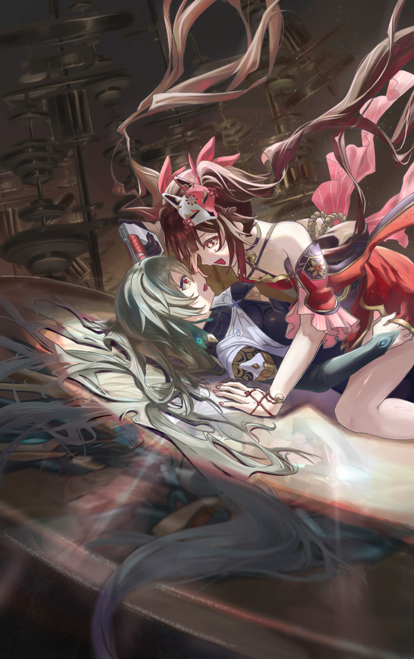 2girls absurdres black_bodysuit bodysuit bridal_gauntlets brown_hair commentary_request detached_sleeves dress duoyun_de_tiankong floating_hair flower-shaped_pupils fox_mask girl_on_top grey_hair gun gun_to_head hair_spread_out hand_under_dress highres holding holding_gun holding_weapon honkai:_star_rail honkai_(series) honkai_impact_3rd long_hair lying mask mask_on_head multiple_girls on_back open_mouth red_dress red_eyes smile sparkle_(honkai:_star_rail) straddling symbol-shaped_pupils twintails very_long_hair vita_(honkai_impact) vita_(lone_planetfarer)_(honkai_impact) weapon yuri