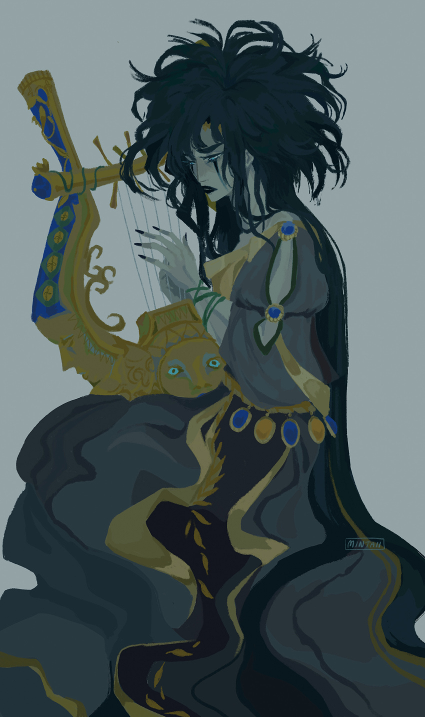 1boy arms_up black_hair black_lips black_nails black_robe blue_eyes commentary english_commentary facial_mark gold_trim grey_background hades_(series) hades_1 harp highres holding holding_instrument instrument looking_down male_focus music orpheus_(hades) playing_instrument profile robe simple_background sitting solo spearmintaii