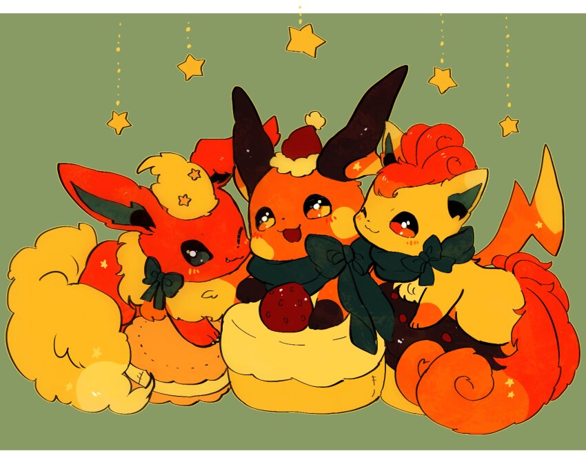 &gt;_o :3 absurdres animal_focus black_eyes border bow bowtie cake colored_sclera donut flareon food fruit gen_1_pokemon green_background green_bow green_bowtie green_scarf highres ice_cream ice_cream_sandwich looking_at_viewer nintendo no_humans one_eye_closed open_mouth orange_eyes orange_fur pokemon pokemon_(creature) raichu red_eyes red_fur scarf star_(symbol) strawberry sukinadake two-tone_fur vulpix white_border yellow_fur