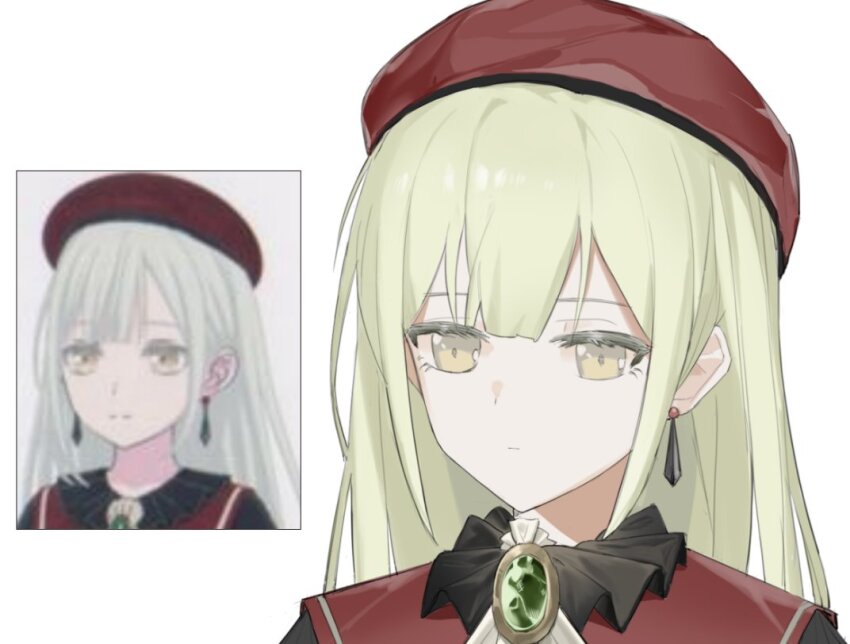 1girl anli_(jwcpp4sum0mgk5r) bang_dream! bang_dream!_it&#039;s_mygo!!!!! beret chinese_commentary closed_mouth commentary_request earrings green_brooch green_hair hat jewelry long_hair mortis_(bang_dream!) mortis_(costume)_(bang_dream!) portrait red_hat reference_inset sidelocks simple_background solo wakaba_mutsumi white_background yellow_eyes