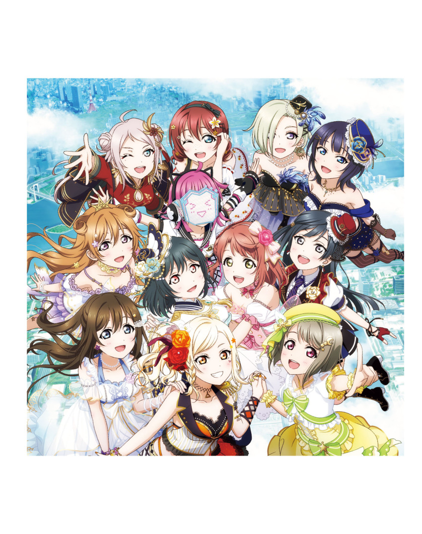 6+girls artbook asaka_karin black_hair blonde_hair blue_dress blue_eyes blue_hat bow brown_hair dress emma_verde green_bow green_dress green_hair grey_eyes grey_hair hair_ornament hat highres holding_hands konoe_kanata long_hair love_live! love_live!_nijigasaki_high_school_idol_club medium_hair mia_taylor mifune_shioriko mini_hat miyashita_ai multiple_girls nakasu_kasumi non-web_source official_art one_eye_closed orange_eyes osaka_shizuku pink_dress pink_eyes pink_hair pointing pointing_at_viewer purple_dress purple_eyes purple_hair red_dress red_eyes red_hat rina-chan_board short_hair tennoji_rina uehara_ayumu yellow_eyes yuki_setsuna zhong_lanzhu