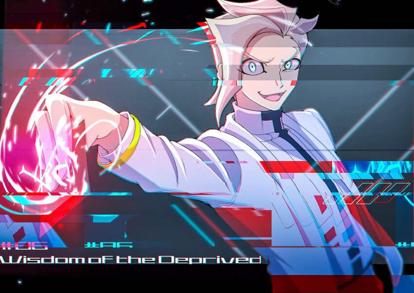 1boy arm_at_side atltax_00 black_border black_trim blonde_hair blue_background blue_eyes border card coat crazy_eyes crazy_smile drawing_(action) english_text facing_to_the_side glitch half-closed_eyes holding holding_card light_particles looking_at_viewer male_focus open_clothes open_coat open_mouth ornate_border outstretched_arm parted_bangs shirt smile white_coat white_shirt yellow_trim yu-gi-oh! yu-gi-oh!_vrains