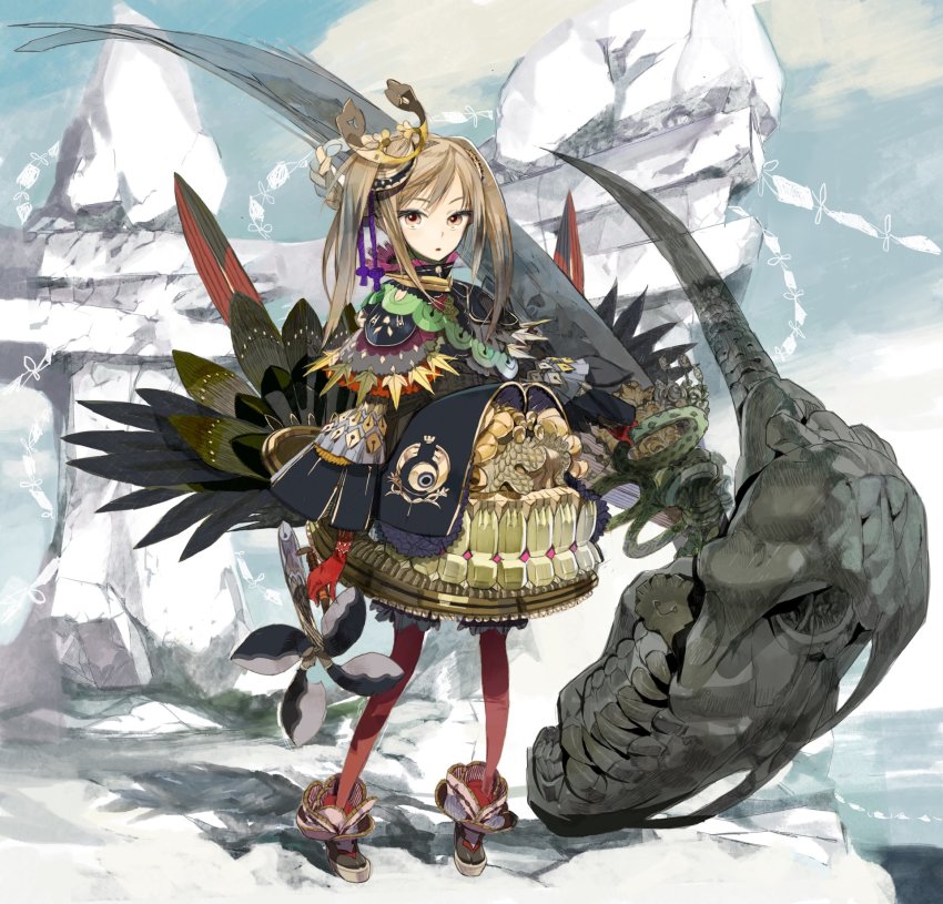 1girl animal_skull armor blonde_hair bone cliff colored_eyelashes crown_hair_ornament fangs feathers gold gold_armor highres japanese_clothes kimono okama original red_thighhighs rock rope sandals scale_armor shimenawa thighhighs twintails weapon