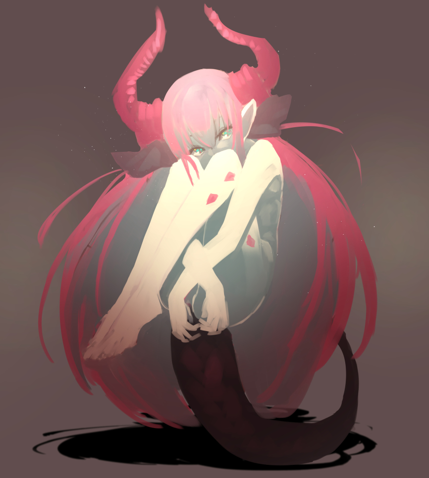 10s 1girl absurdres aqua_eyes bad_id bad_pixiv_id covered_mouth curling dragon_horns dragon_tail elizabeth_bathory_(fate) elizabeth_bathory_(fate/extra) fate/extra fate/extra_ccc fate/grand_order fate_(series) female_focus floating grey_background highres horns hugging_own_legs legs_together long_hair looking_at_viewer nude pink_hair pointy_ears simple_background solo suisogenshi tail very_long_hair